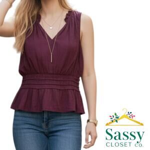 WHBM Purple Sleeveless Ruffle Neck Peplum Top Smocked Waist L EUC